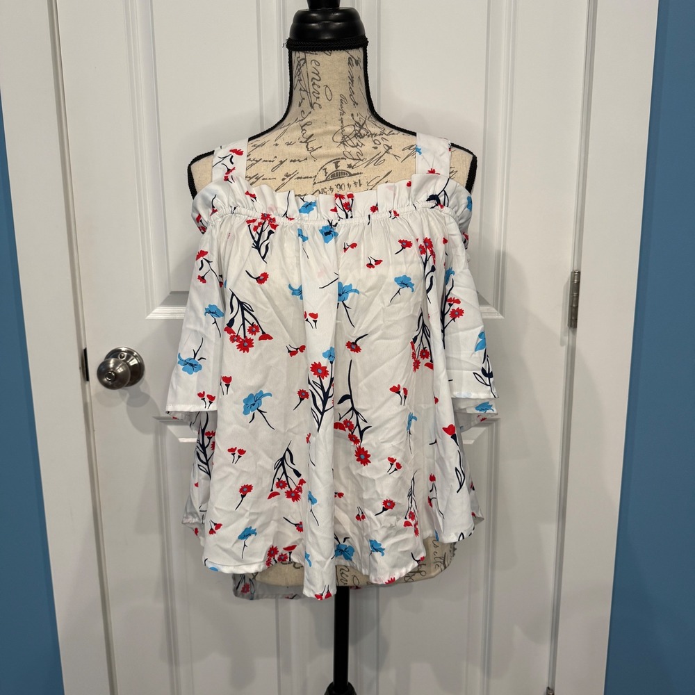 True Destiny White Floral Cold Shoulder‎ Ruffle Blouse Red Blue Size XL